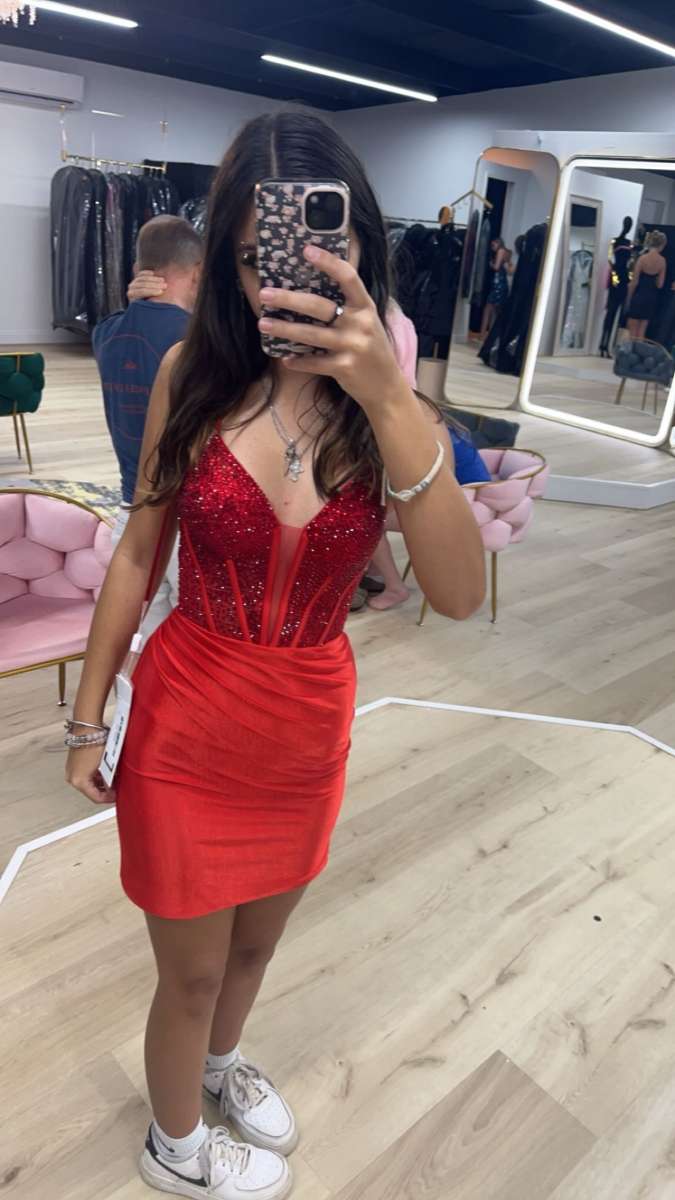 red hoco dress with gems