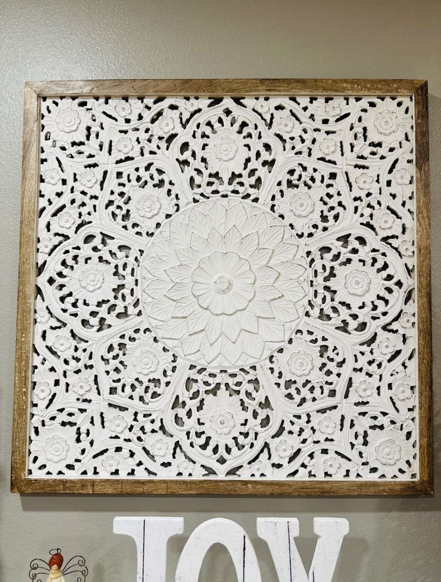 Large Square White Wood Floral Carved Scrolling Rustic