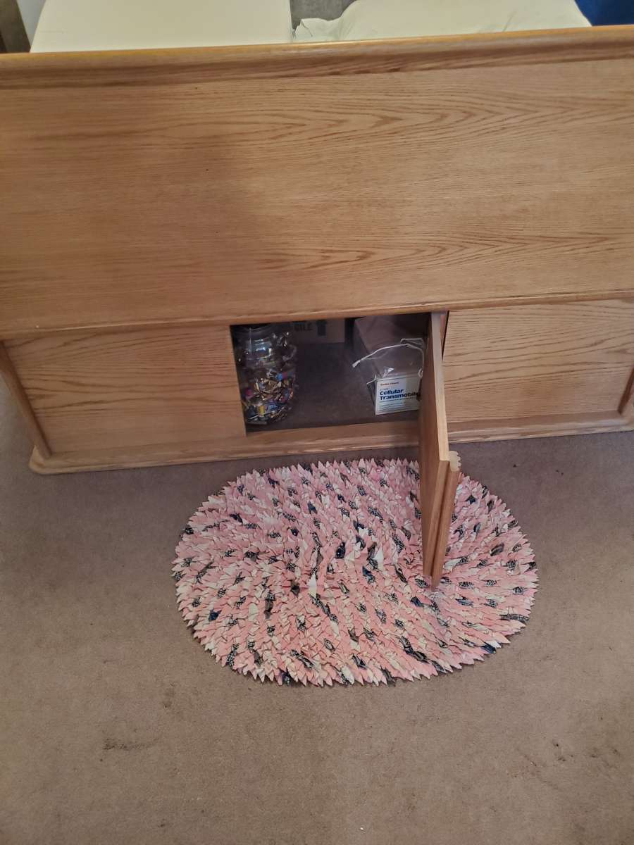 Solid oak queen sleigh platform bed with 12 drawers