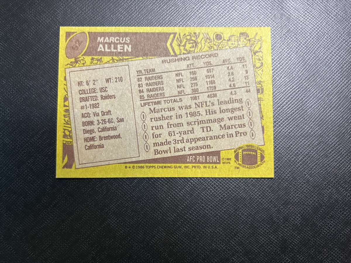 1986 Topps Marcus Allen Football Card