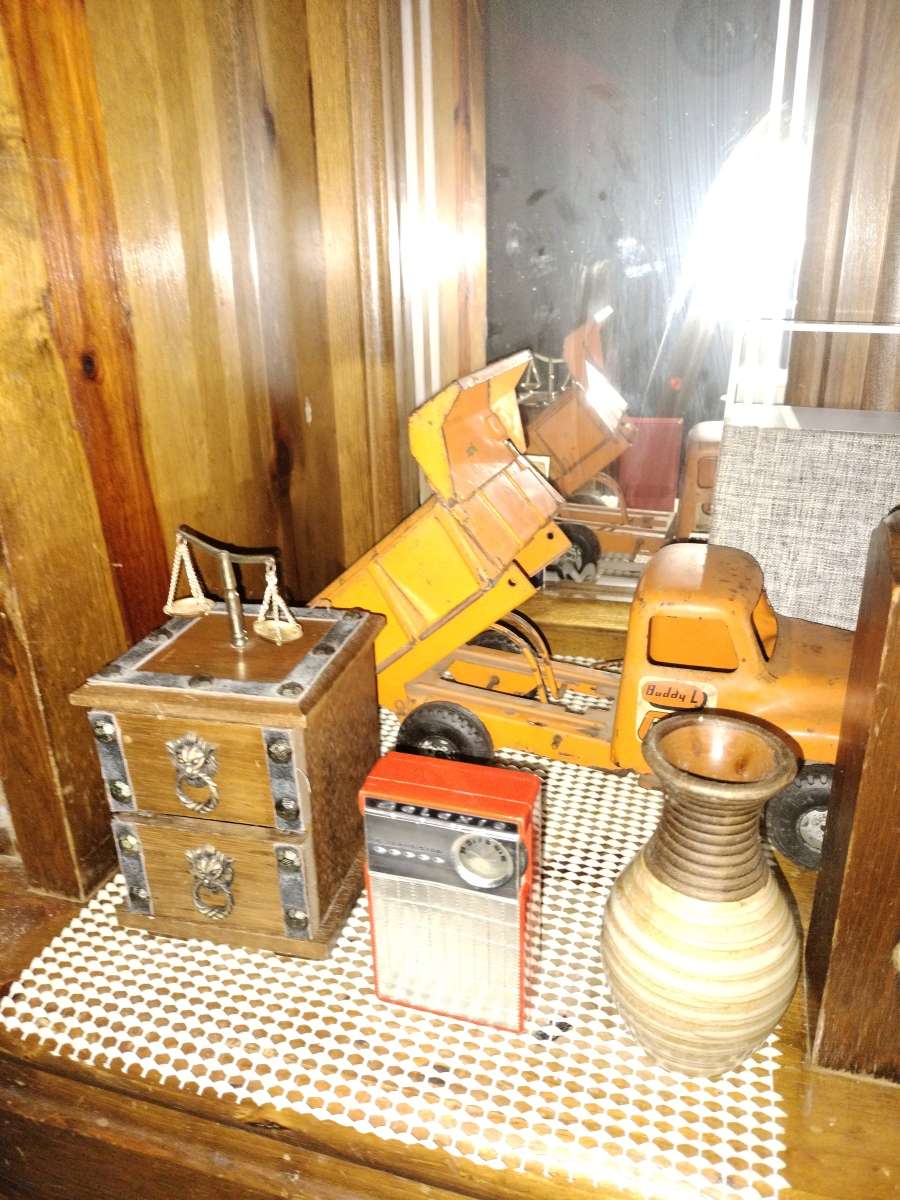 old kids toy truck GLOBE piggy bank antique pitcher and 3