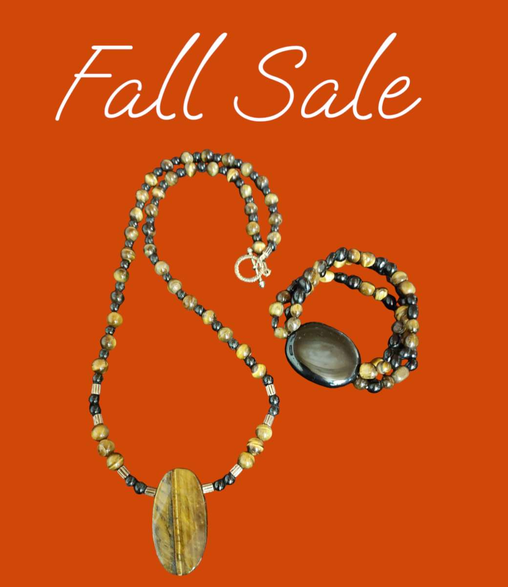 Tigers eye large stone Necklace and Bracelet set