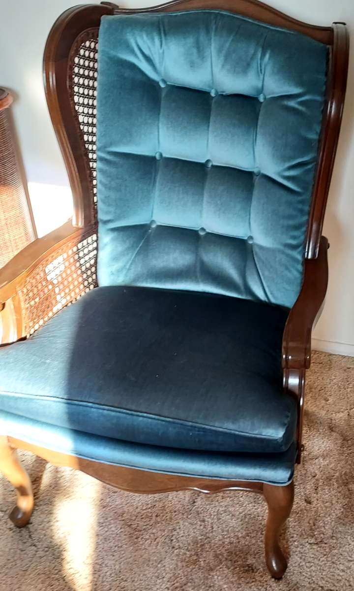 Blue Cushion Chair with wood arms woven sides
