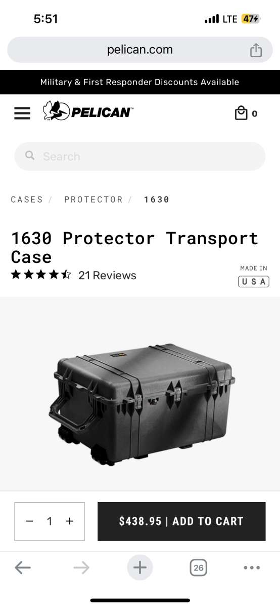 Pelican PROTECTOR 1630 LARGE Transport Case NO FORMBlack WAT