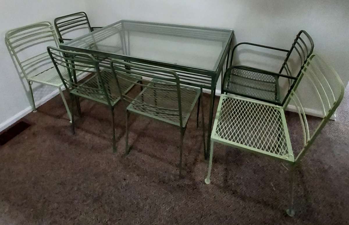 Mid Century Modern Salterini Iron Glass Top Table 6 Chairs