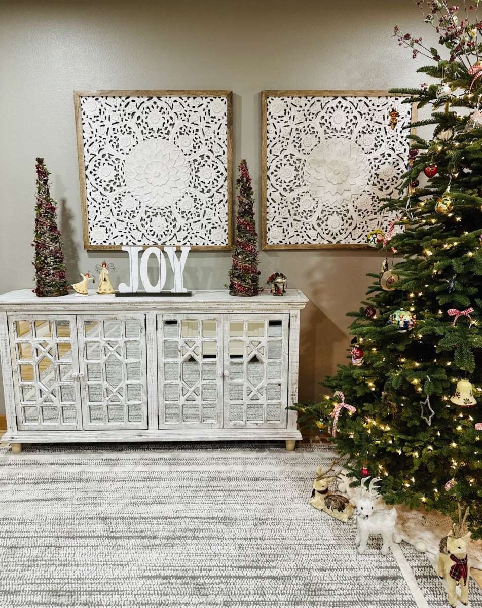 Large Square White Wood Floral Carved Scrolling Rustic