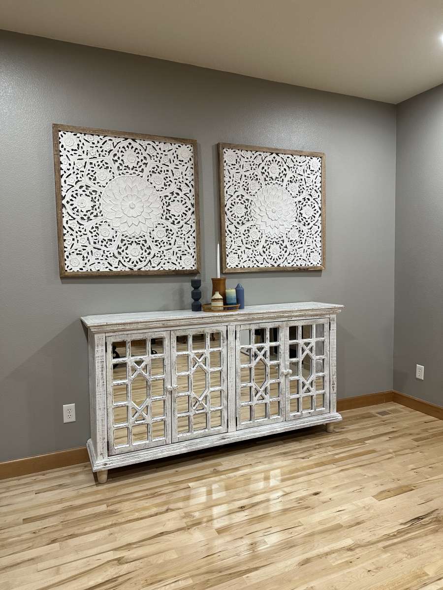 Large Square White Wood Floral Carved Scrolling Rustic