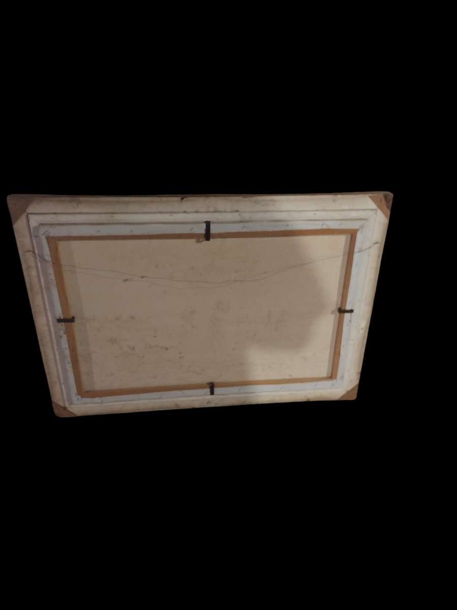 antique oil painting depicting two women looking at the sea