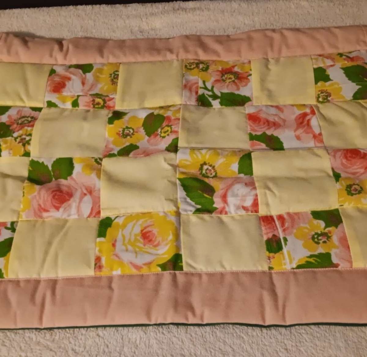 Handmade Quilted Table Topper Pink Green Yellow