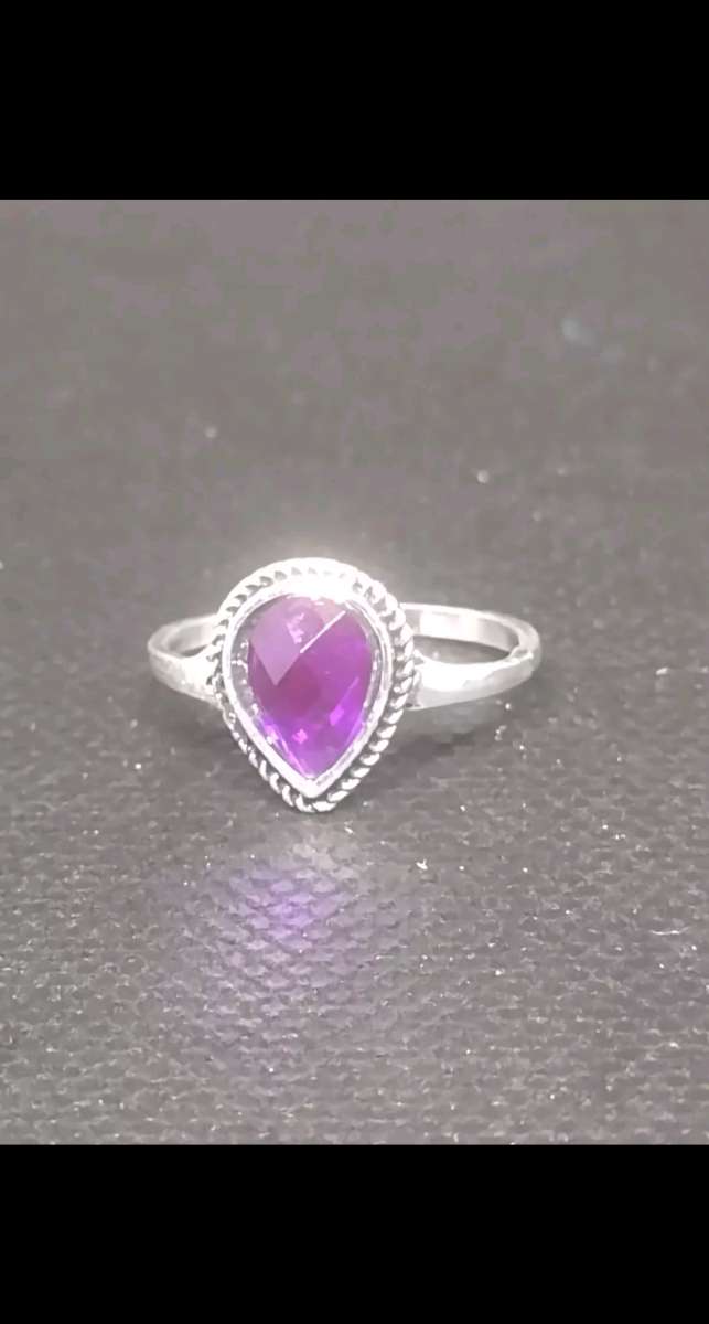 Purple Teardrop Silver Ring