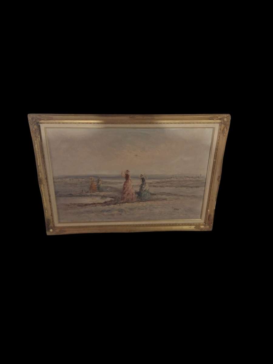 antique oil painting depicting two women looking at the sea