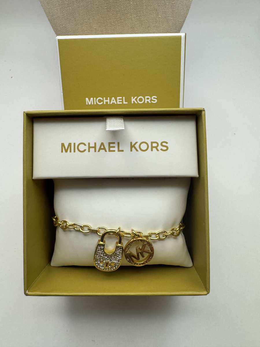 2009AIRT Michael Kors Pave Padlock Logo Chain Bracelet Goldt