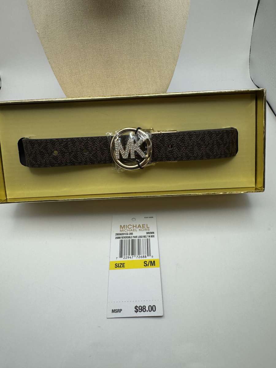 NWT Michael Kors Brown Signature Reversible Pave Logo Belt I