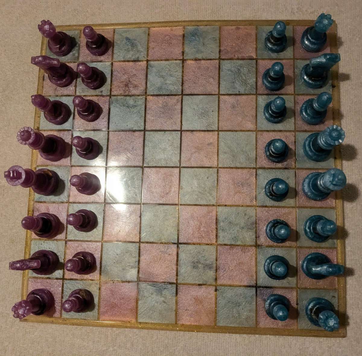 Pink and Blue Petrified Wood Chess Set
