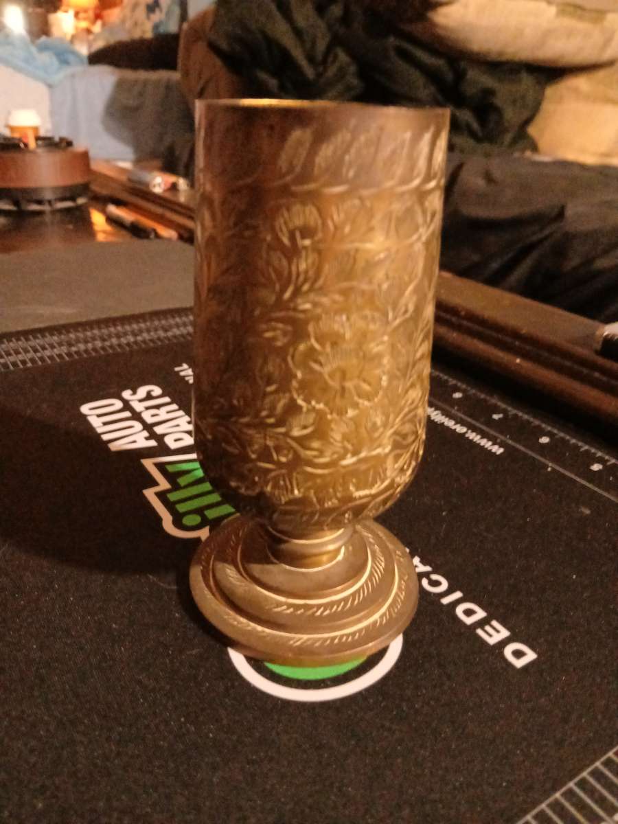 Vintage Floral Etched Brass Footed Vase Goblet Made in India
