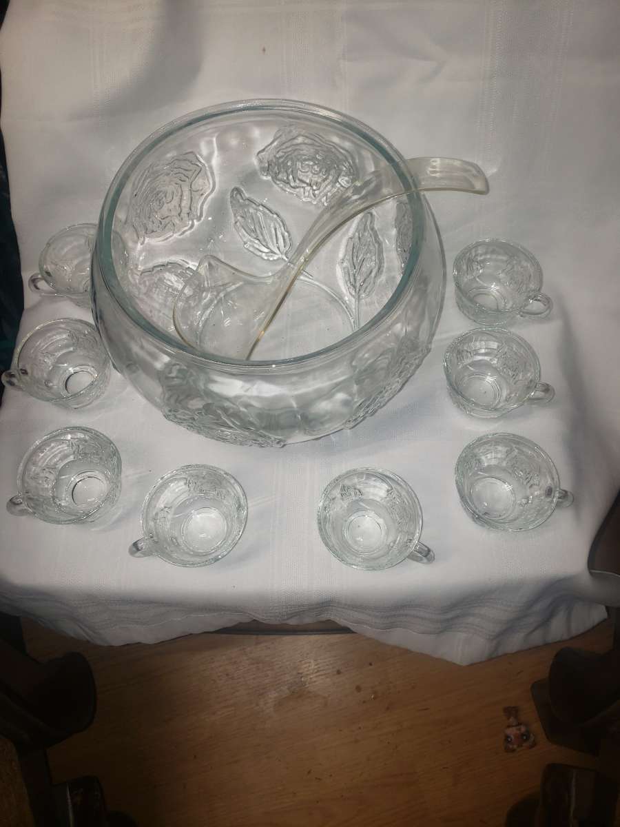 Large Rose Embossed Glass Bowl  Punch Bow