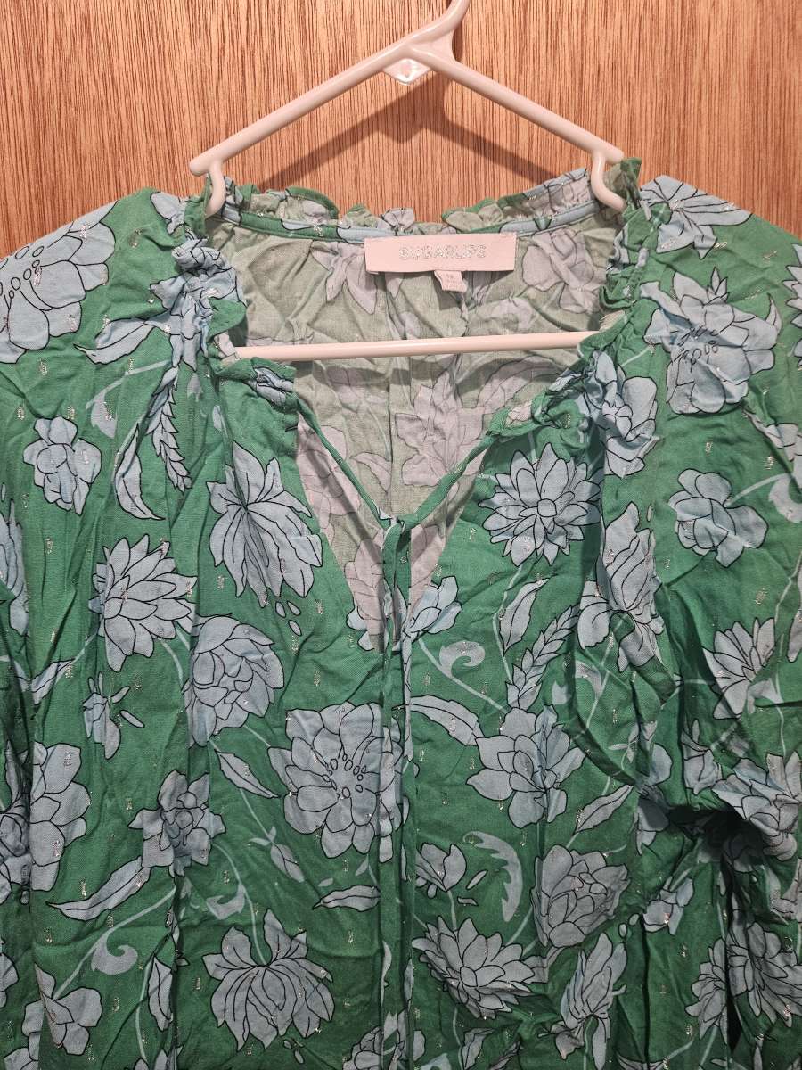 Waterlilly Floral Weylin Split Neck Tassel Blouse