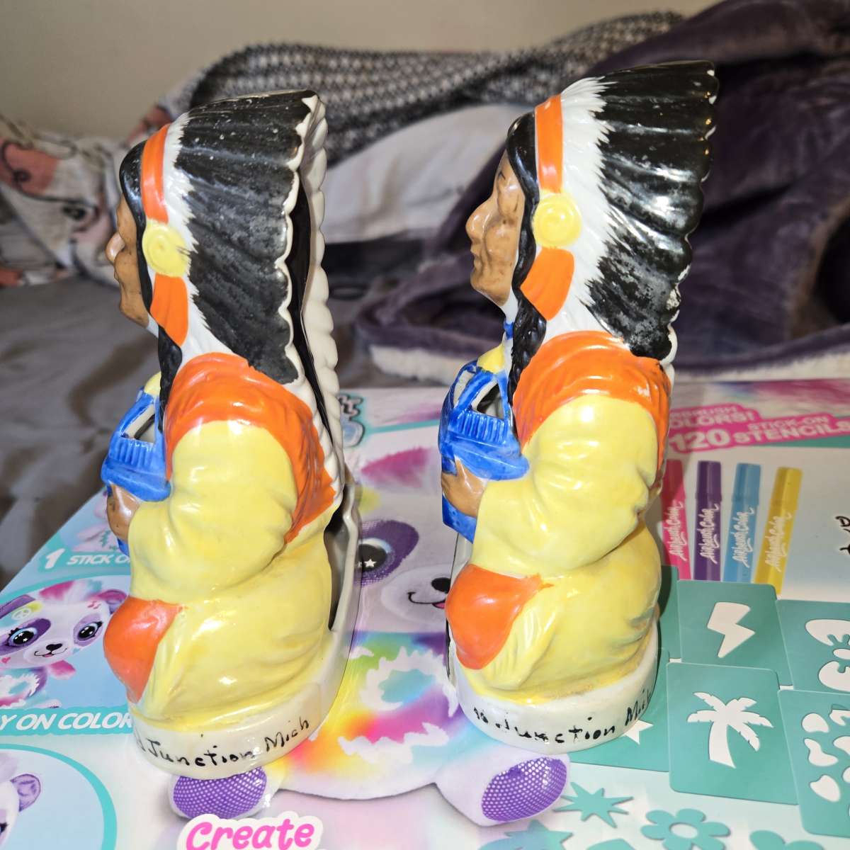 PAIR OF VTG NATIVE AMERICAN CHIEF PAINTED CERAMIC FIGURINES