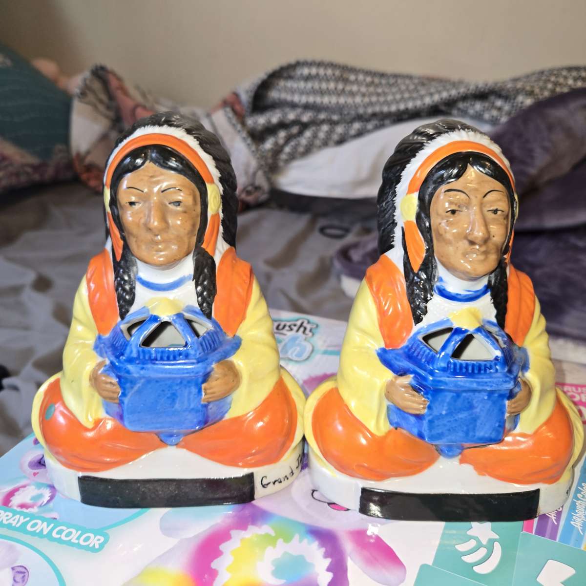 PAIR OF VTG NATIVE AMERICAN CHIEF PAINTED CERAMIC FIGURINES