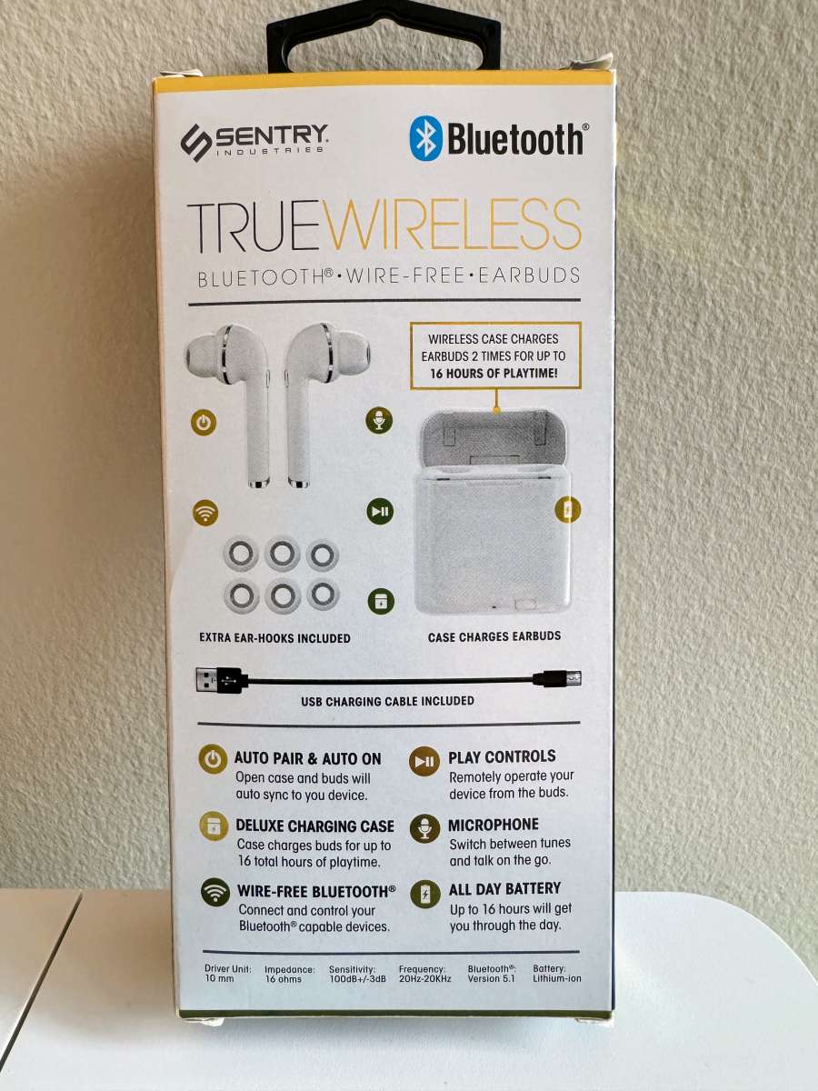BRAND NEW Sentry Bluetooth Earbuds and Charging Cable