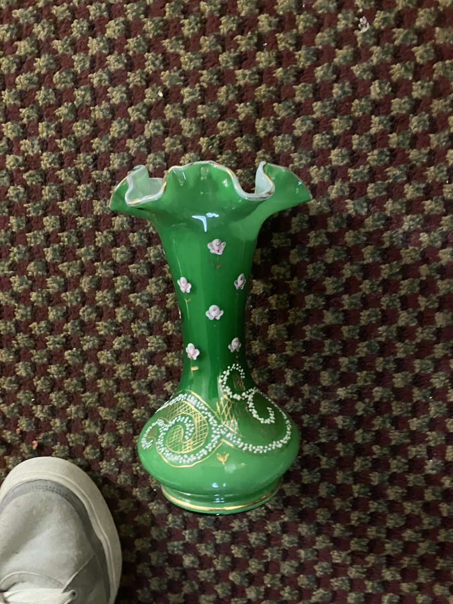 green hand painted floral vase