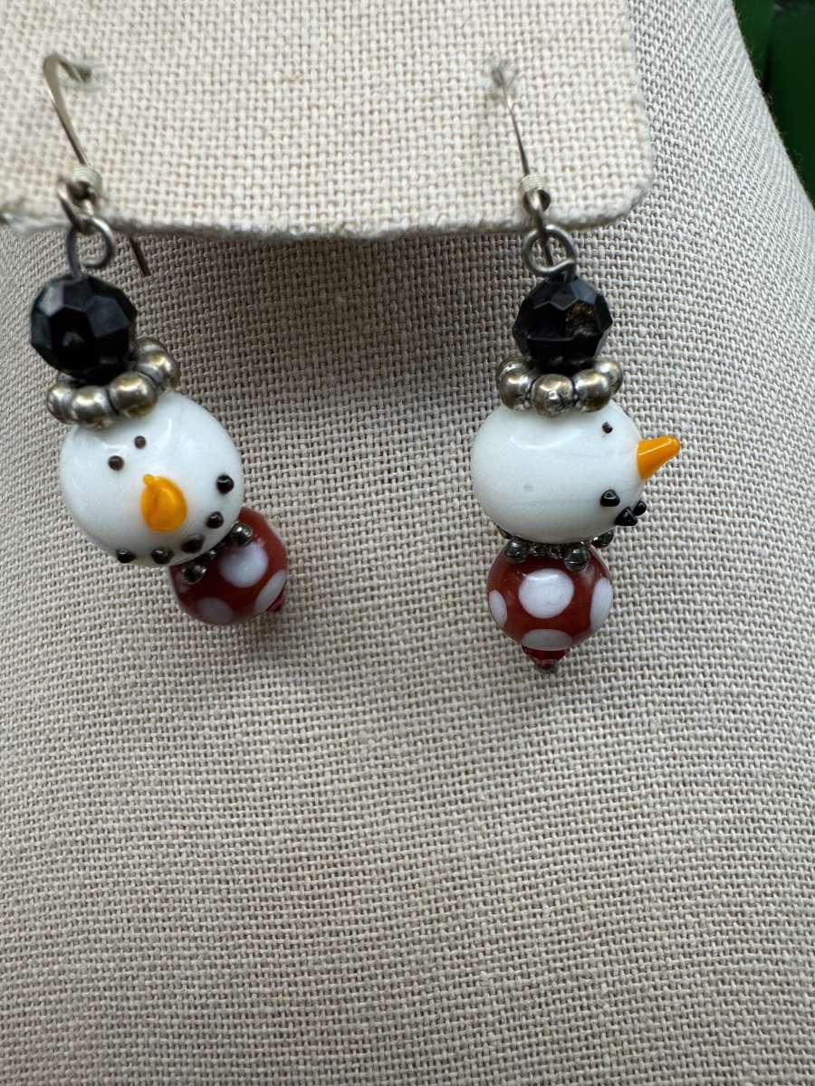 2040Vintage Art Glass Hand Blown Snowman Earrings Dangle Dro