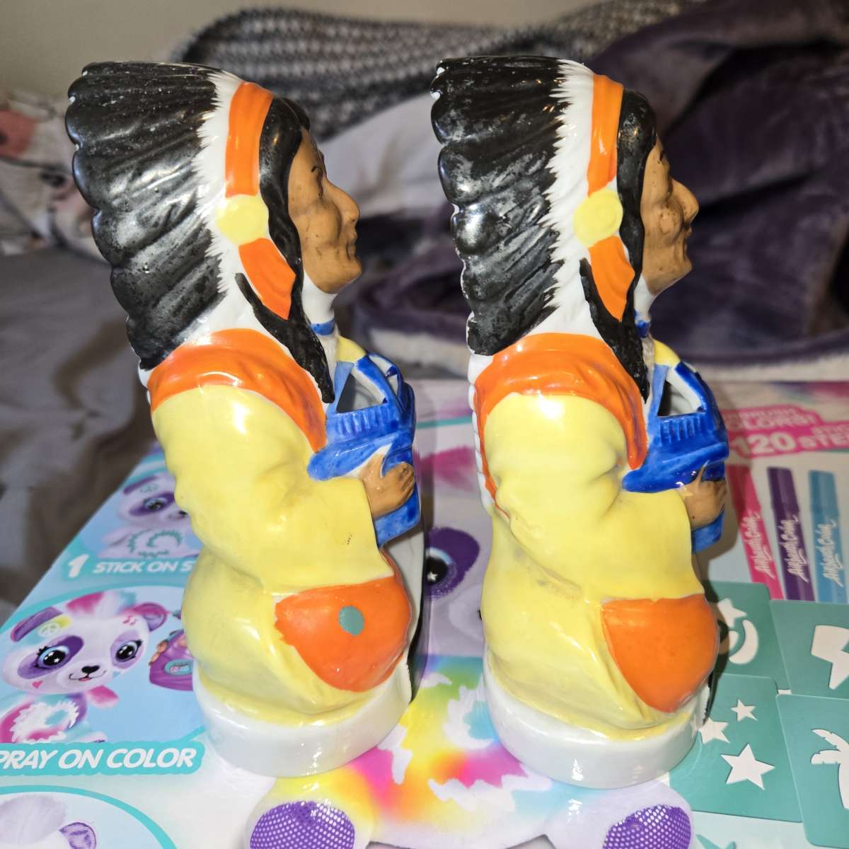 PAIR OF VTG NATIVE AMERICAN CHIEF PAINTED CERAMIC FIGURINES