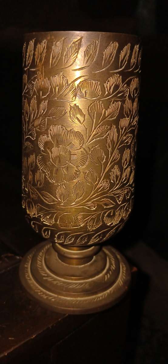 Vintage Floral Etched Brass Footed Vase Goblet Made in India
