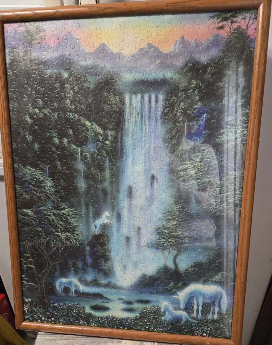 beautiful waterfall puzzle turned into wall hanging