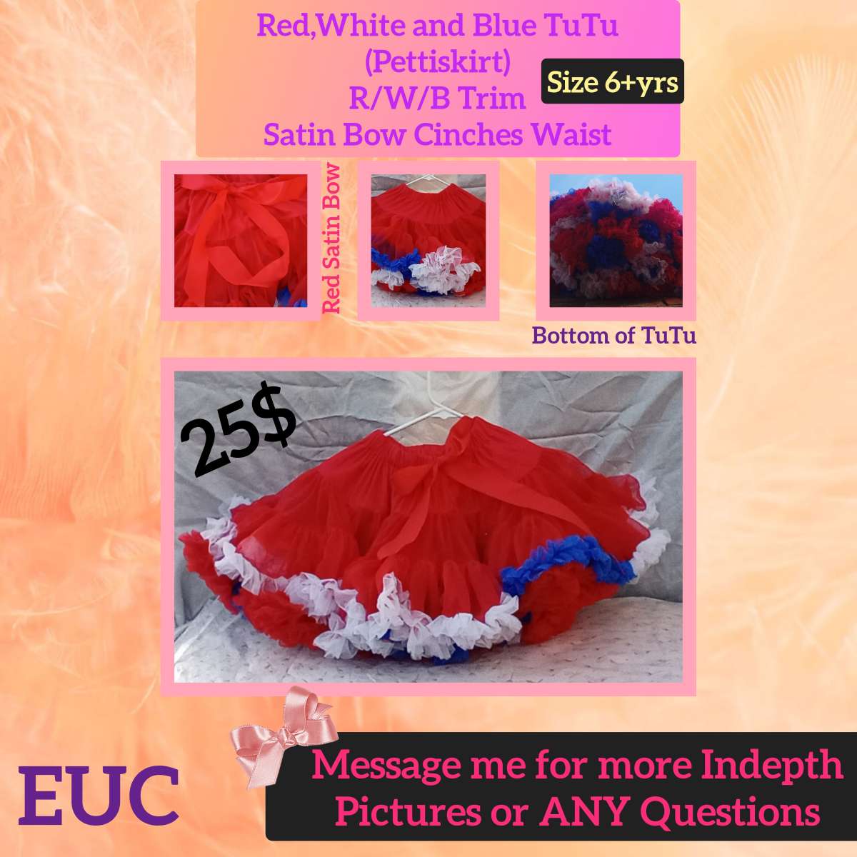 6yrs Red White Blue TuTu Pettiskirt EUC Bow Cinches Waist