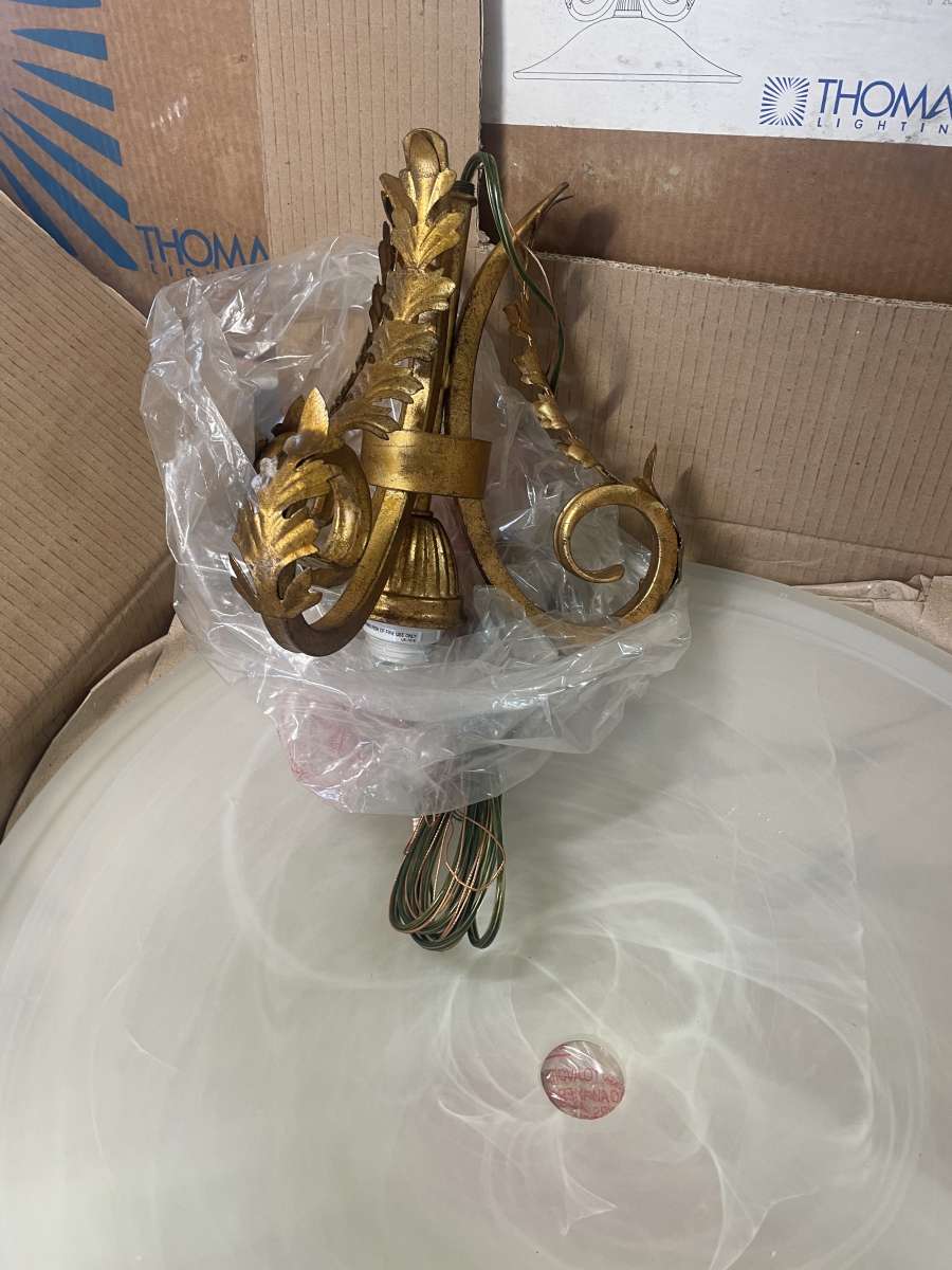 Gold Leaf Patina Amber Swirl Alabaster White Light Pendant