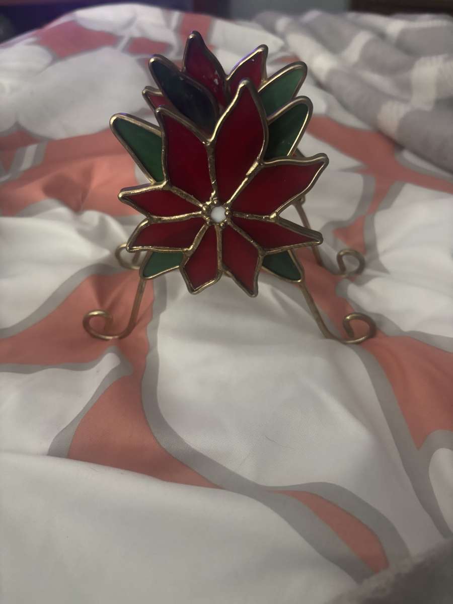 poinsettia glass and brass candle holder