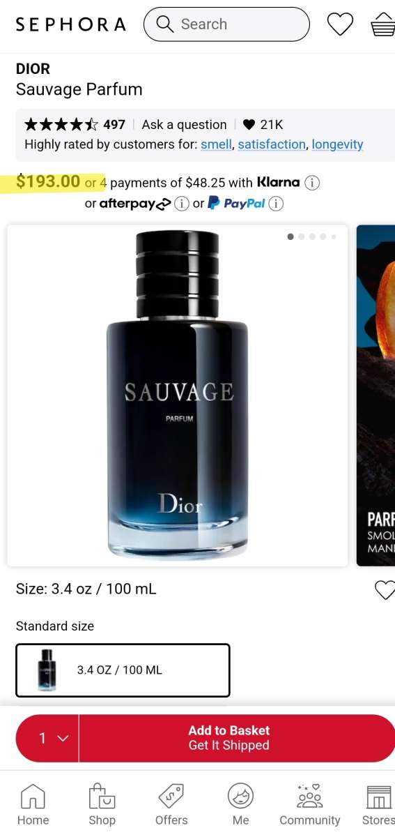 Dior Sauvage Eau de Parfum Spray 100ml 34 fl oz