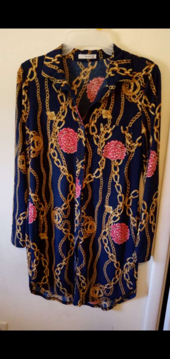 Womens long sleeve blue buttonup Shirt with Chain Design