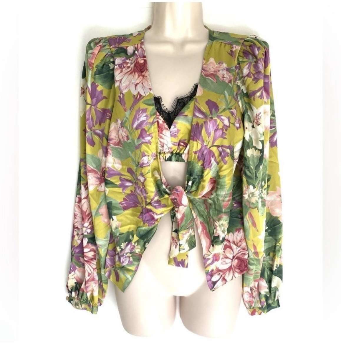 Express Satin Floral Tie Front Bralette Two Piece Top S NEW