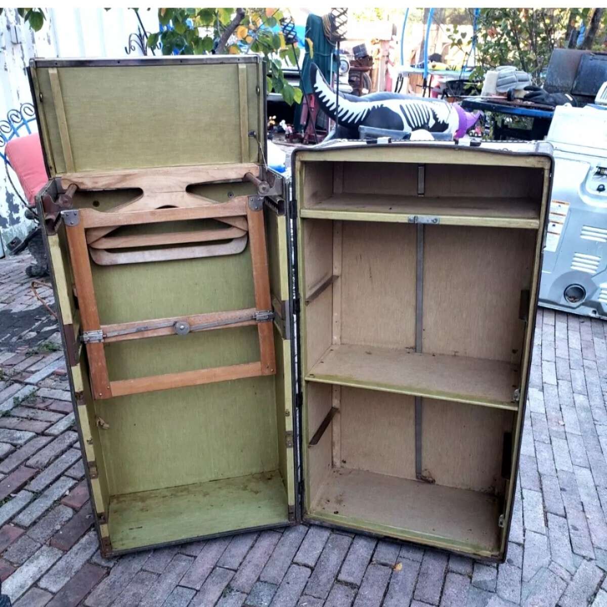 1900s Oshkosh Steamer Trunk 5 Leather Handle Drawers Hangers