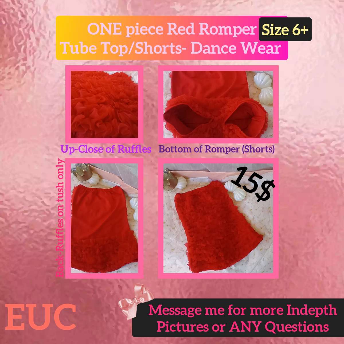 Red Dance Wear Romper Shorts Ruffles on front and on behind