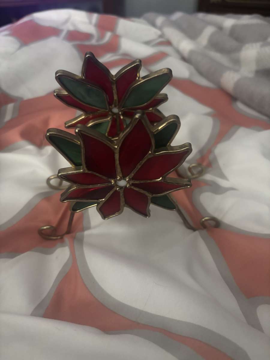 poinsettia glass and brass candle holder