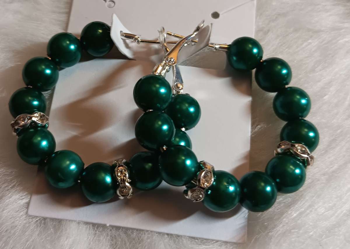 Silver and Green Beaded Hoop Earrings