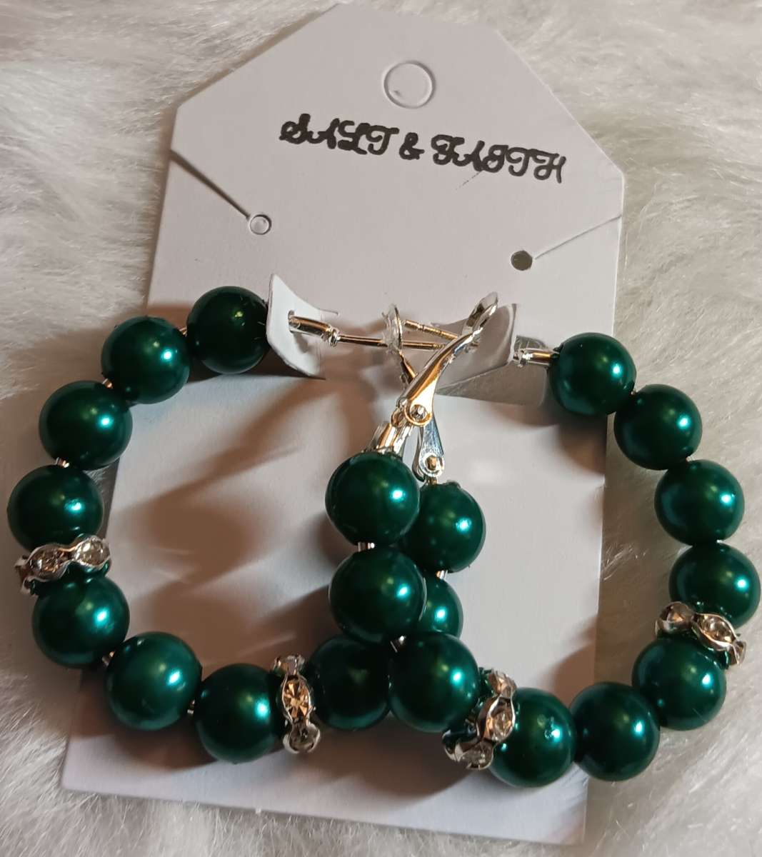 Silver and Green Beaded Hoop Earrings