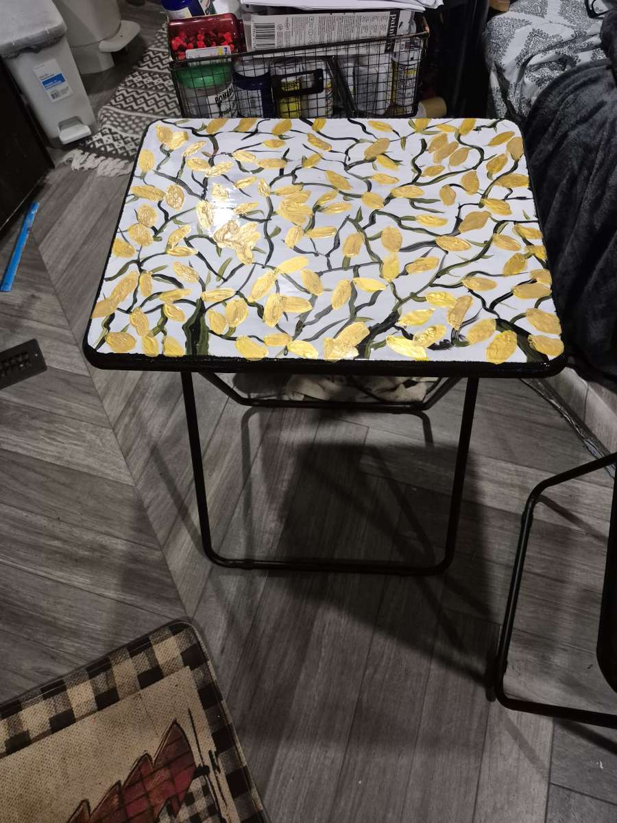 tv table tray and abstract paintings