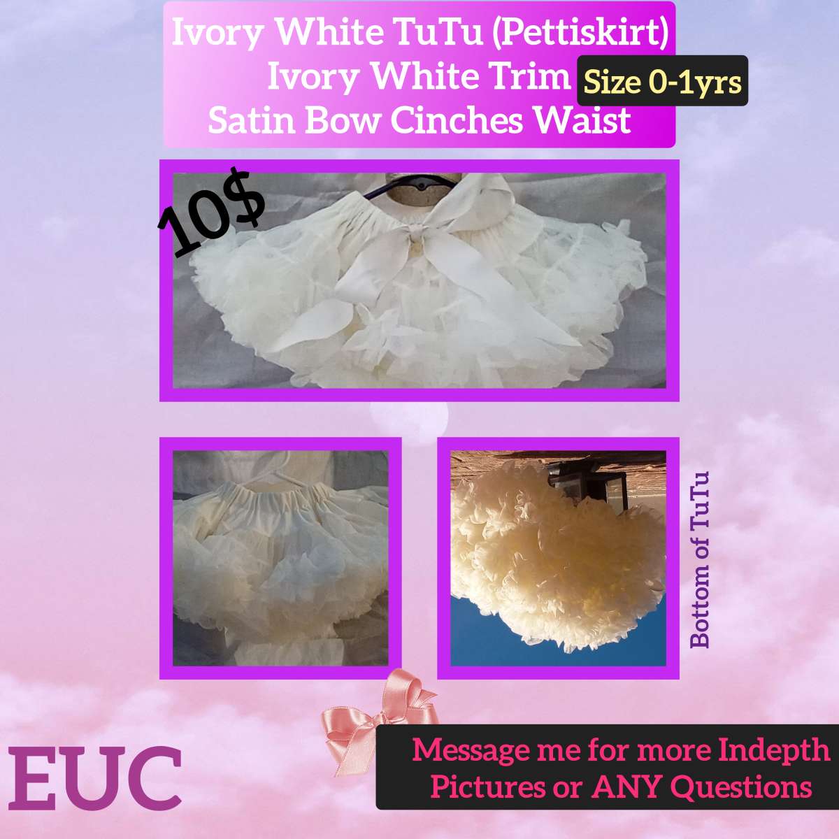 0 to 1yrs Ivory TuTu Pettiskirt EUC Bow Cinches Waist