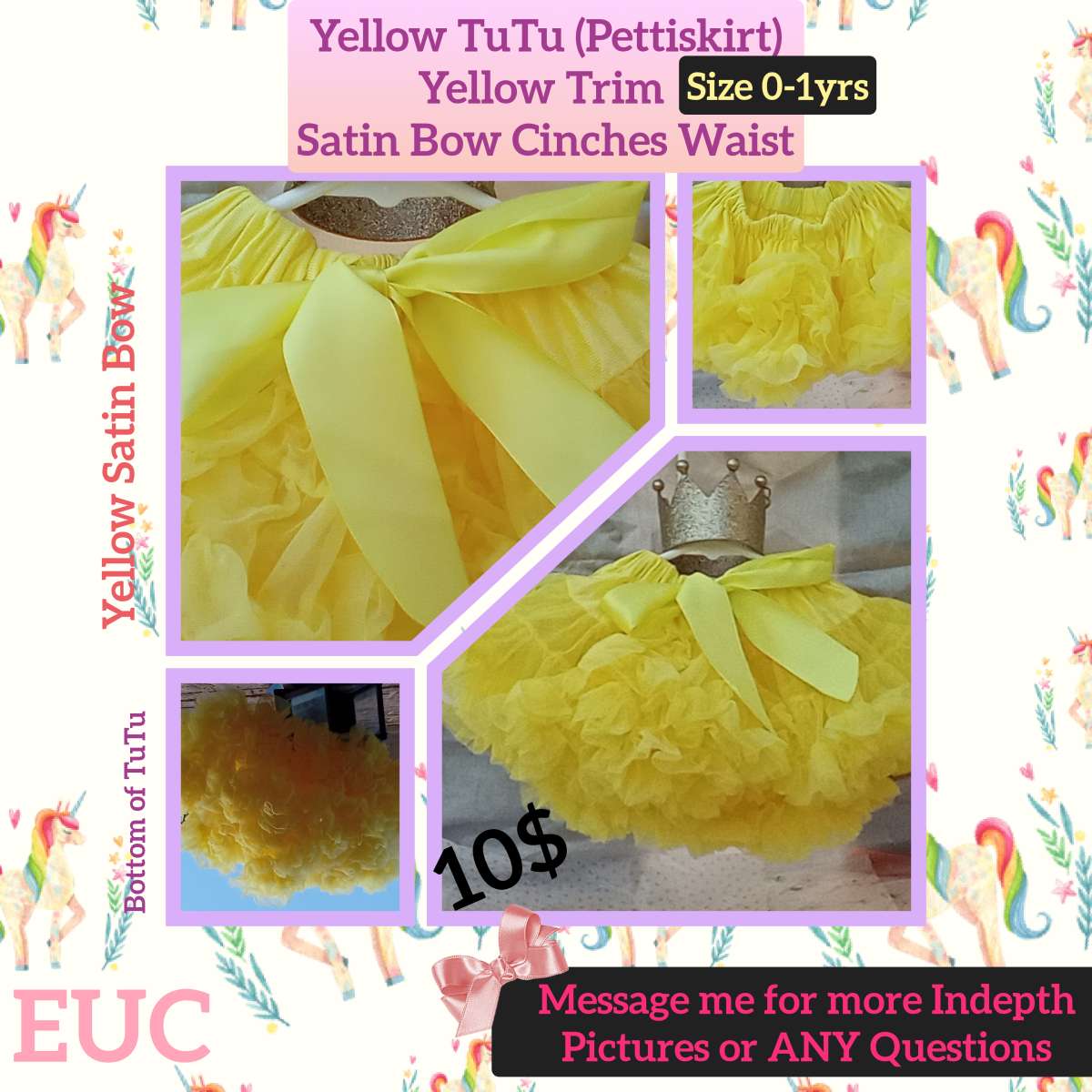 0 to 1yrs Yellow TuTu Pettiskirt EUC Bow Cinches Waist