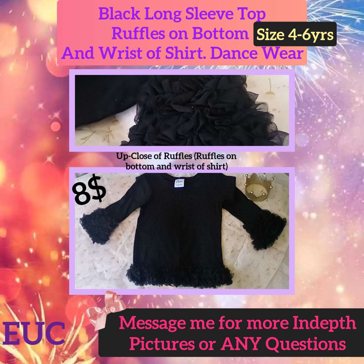 Girls Blk Ruffles on bottom and cuff of wrist