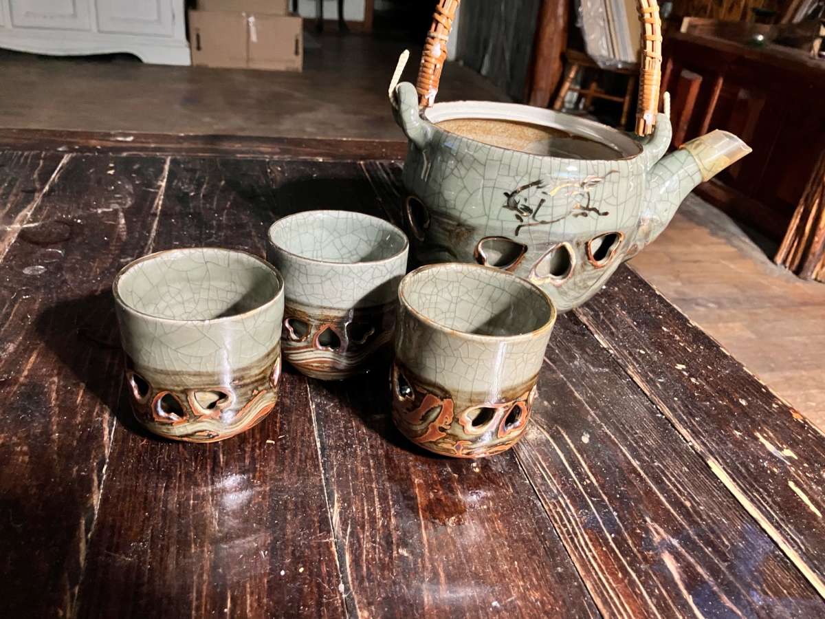 Vintage Japanese Somayaki Somamare 3 Tea Set Green Crackle G