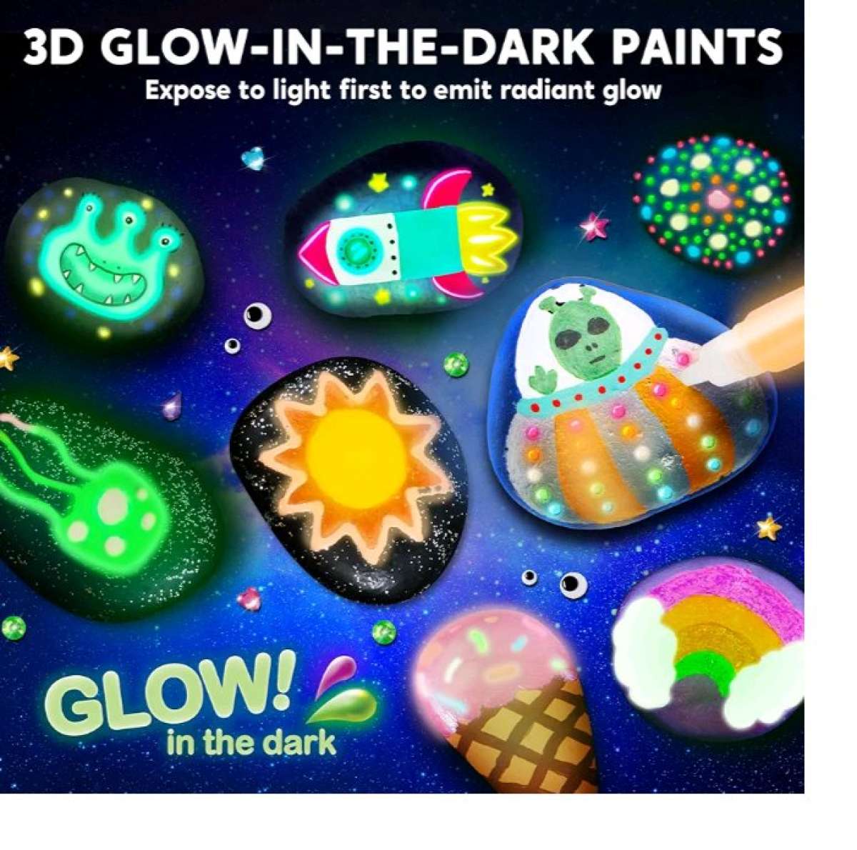 Glow in the dark Rock Painting kit 12 smooth rocks 3d in the