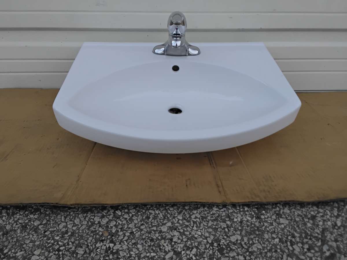 White Bathroom Wall Mount Vanity Sink Plus Faucet Like New