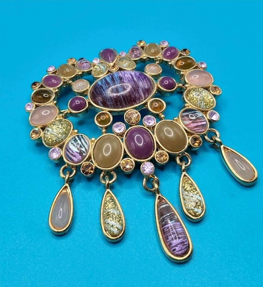 Vintage Heidi Daus Multi Cabochon Beaded Brooch Unsigned