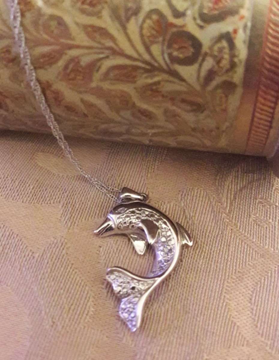 10K White Gold Diamond Dolphin Necklace