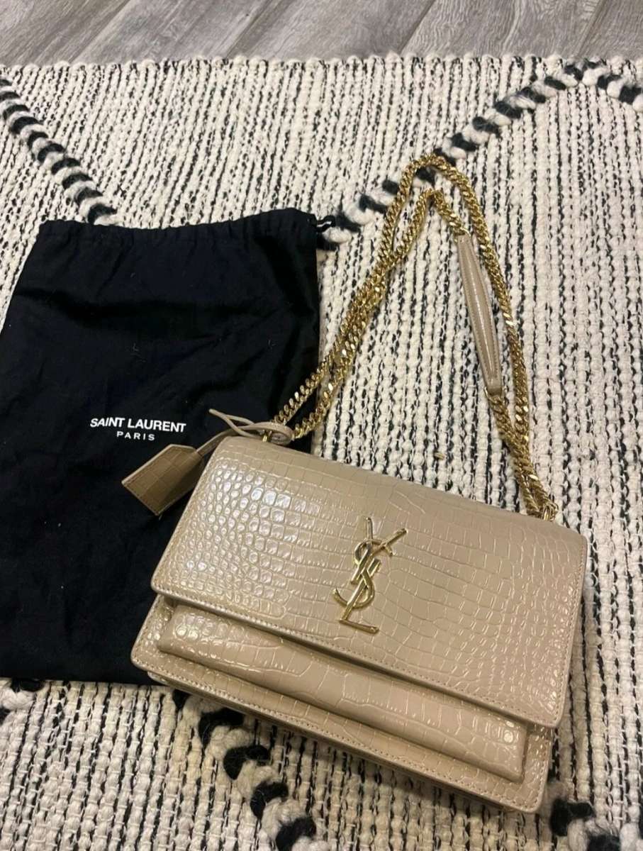 YSL Dark  Beige Medium Sunset CrocEmbossed Leather Shoulder